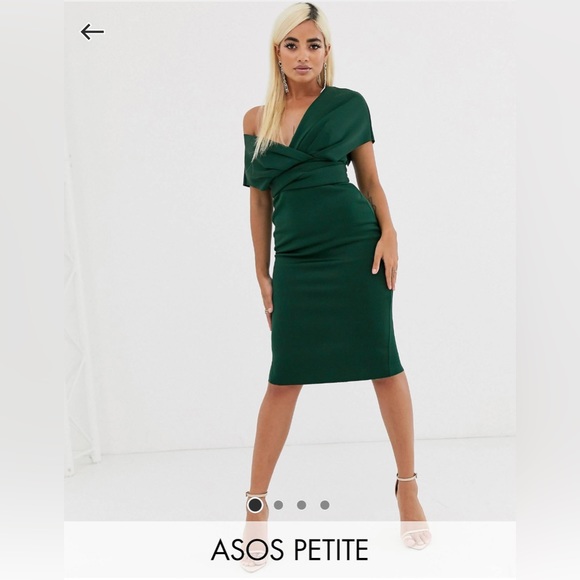 ASOS DESIGN Petite fallen shoulder midi pencil dress with tie detail US 6 - Picture 1 of 5